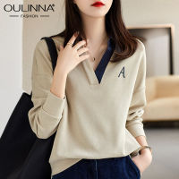 OULINNA 2022 Autumn New Lapel Contrast Color Loose Long-sleeved Capless V-neck Sweater Women