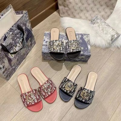 【Original Label】New Square Toe Flat Bottom Slippers with Embroidered Female Letters for Both Inside and Outside Wear