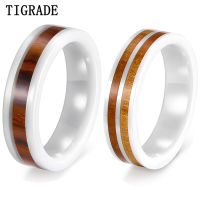 Tigrade 6mm Women White Ceramic Ring Double/ Single Grooved Wood Inlaid Smooth Polished Rings Wedding Band Engagement Jewelry