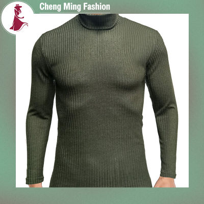Cheng Ming เสื้อยืดผู้ชายยืดได้,เสื้อยืดคอเต่าแขนยาวสีทึบเสื้อถักเปิดไหล่เสื้อเชิ้ตสีพื้นลำลองเข้ารูปพอดี