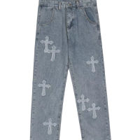 Y2K Mens jeans European and American high street cross embroidery hip-hop tide nd straight loose wide-leg pants ins hot sale