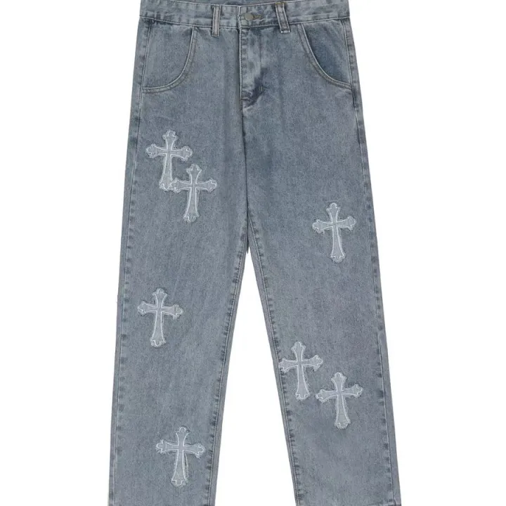 Y2k Mens Jeans European And American High Street Cross Embroidery Hip