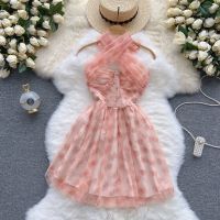 COD DSFGRDGHHHHH French Pink Lace Dress Women Fashion Mesh Fairy A-line Party Dresses Ladies Summer Korean Sweet Polka Dots Dress