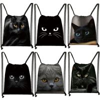 Cute Black Cat Drawstring Bag Women Shopping Bags Canvas Travel Bag Fashion Storage Bags Teenager Girls Backpack