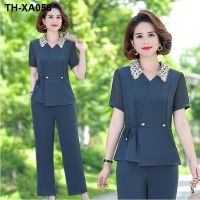 New middle-aged mother summer suit noble 40 years old 50 foreign style middle-aged and elderly womens short-sleeved summer chiffon two-piece suit