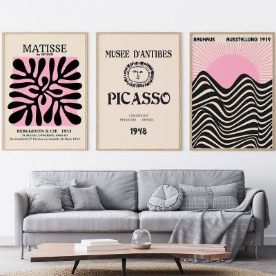 Picasso Matisse Coral Line Art พิมพ์บทคัดย่อโปสเตอร์ Bauhaus Sunrise ภาพวาดผ้าใบ Nordic Exhibition Wall Art ภาพตกแต่ง