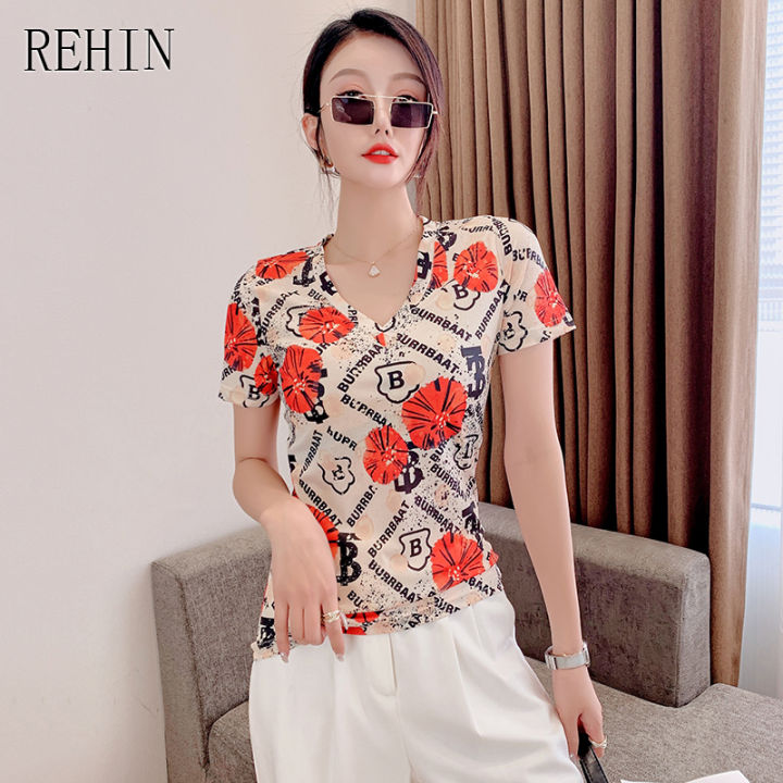 rehin-เสื้อยืดผู้หญิงเสื้อยืดแขนสั้นคอวีพิมพ์ลายไม่เหมือนใครแฟชั่นใหม่ฤดูร้อน