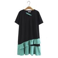 【มีไซส์ใหญ่】Plus Size Womens Black Summer Dress Short Sleeved Patchwork Midi Dresses