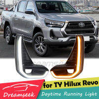 ไฟ LED 2สีสำหรับขับขี่เวลากลางวันสำหรับ Toyota Hilux Revo 2020 2021 2022 2023สีดำฝาครอบไฟหน้าตัดหมอกสีเหลืองไฟเลี้ยวรูปตัว L