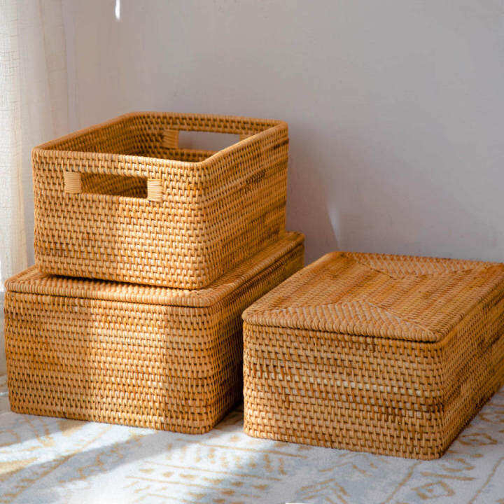 Handcrafted natural rattan storage basket with lid, rectangular woven