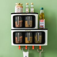 hotx【DT】 Wall Mount Spice Rack Organizer Condiment Dispenser Bowl Shaker Seasoning Boxes with Spoons