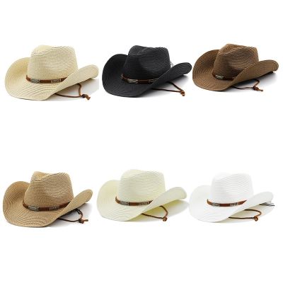 หมวกคาวบอยที่เรียบง่ายหมวกกันแดดปีกกว้าง Fedora หมวกเข็มขัดตกแต่งชายหาดหมวกฟางสําหรับผู้ชายหมวกป้องกันรังสียูวี Chapeau Femme☃