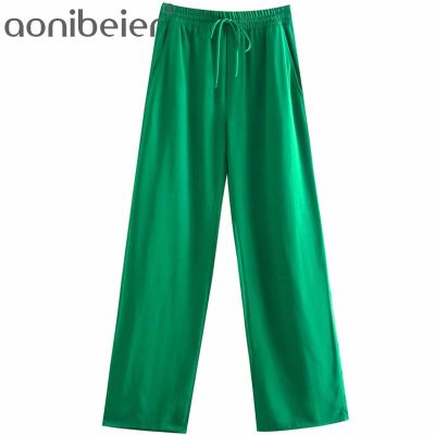 2021Aonibeier 2021 Za Women Traf Fashion Drawstring Elastic Casual Long Green Pants Suit Set Female Thin Straight Trousers Bottoms