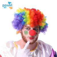 POUKL ฟองน้ำเสริมฟองน้ำ วิกคอสเพลย์ตัวตลก อุปกรณ์คอสเพลย์ตัวตลก ผมหยักหยักศก จมูกฟองน้ำสีแดง เย็นเย็น อุปกรณ์ผ้าปาร์ตี้ วิกผมระเบิดหลากสี อุปกรณ์ประกอบชุดฮาโลวีน