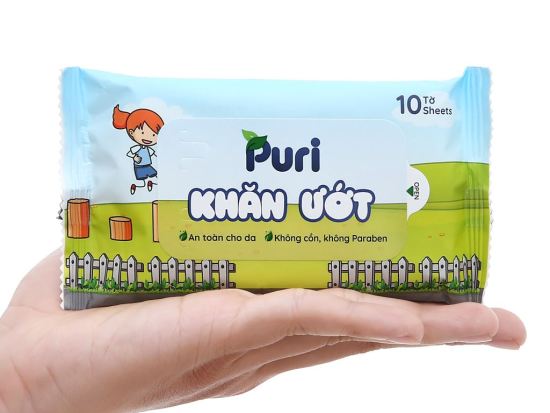 Khăn ướt puri -an toàn cho da-không cồn-không paraben 1 gói 10 miếng - ảnh sản phẩm 1