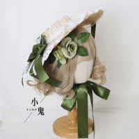 Retro Women Lolita Bonnet Straw Sun Hat Flower Lace Wide Brim Headdress Afternoon Tea Party Accessory