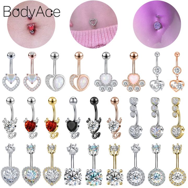 Bodyace 1 PC Heart Crystal Belly Piercing Stainless Steel Prevent ...