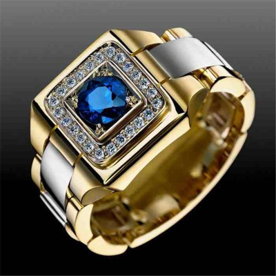 Inlaid blue gem ring European and American luxury mens Engagement Wedding Bracelet size 6-13