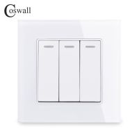 ☌ COSWALL Crystal Tempered Glass Panel 3 Gang 1 Way On / Off Rocker Wall Light Switch 16A DC / AC 5-250V White Black Grey Gold