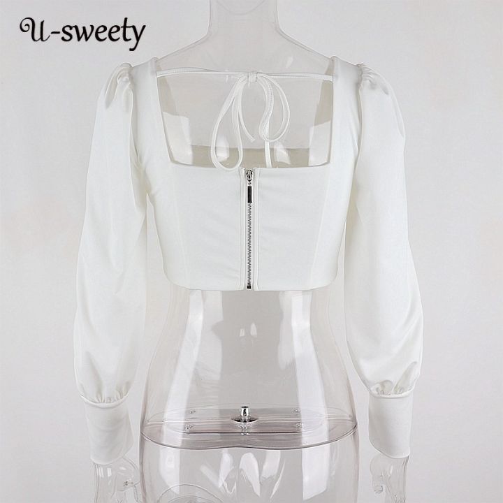 u-sweety-เสื้อครอปแฟชั่นสําหรับสตรีแขนยาวคอสี่เหลี่ยมสีพื้นทรงสลิมฟิต