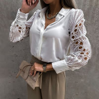 White Lace Patchwork Shirt Top Woman Spring Summer Casual Long Sleeve Shirts For Women 2022 Vintage Hollow Out Button Blouses