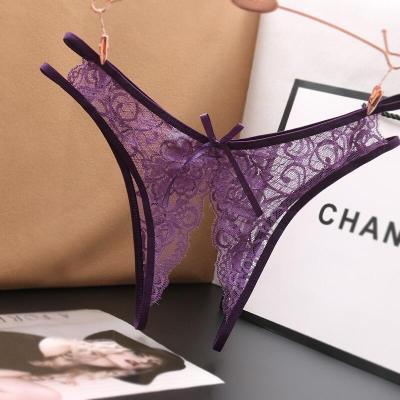 2023 Korean Lingerie Womens Panties Crotch Opening Transparent G-Strings Thongs Hollow Out Solids Bowknot Underwear Women Lace Pantys