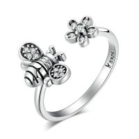 Small Bee S925 Sterling Silver Ring Bee and Flower Zircon Opening Ladys Ring Fashion Jewelry