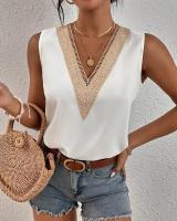 Womens Casual Tees Top 2023 Summer V-Neck Lace Sleeveless Simple Solid Tank Cutout T-shirt S-XXL