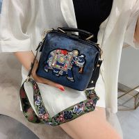 【YF】 Bolsa de couro elefante bordado vintage para mulheres alça larga borboleta bolsa crossbody ombro bolsas bolsas