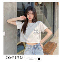 OMIUUS เสื้อครอปคอกลม สไตล์แฟชั่นเกาหลี ตกแต่งด้วยซิป ลายตัวอักษร สินค้าพร้อมส่ง