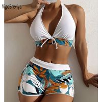 hotx 【cw】 VigoBreviya 2023 Print Tied Halter Swimwear Waist Push Shorts Set Swimsuit Backless Beach Bathing