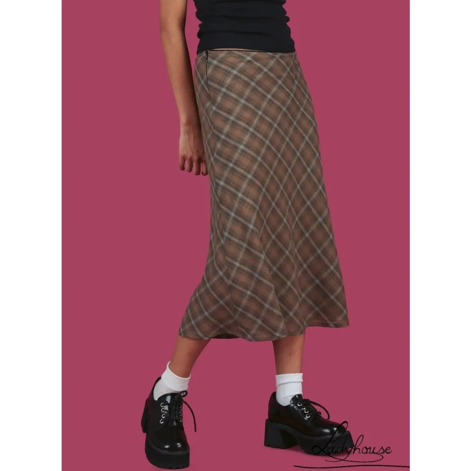 Stretch plaid shop midi skirt