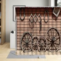 Barn Wood Wagon Wheel Shower Curtain Farmhouse Vintage Wood Grain Rustic Wall Fabric Bath Curtains Waterproof Bathroom Decor