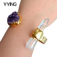 Y.YING natural Amethsyts Druzy White Quartz Bangle Gold color Electroplated Bracelet Adjustable Charms and Charm Bracelet