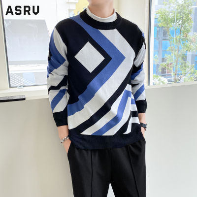 ASRV เสื้อกันหนาว ผช เสื้อกันหนาว ผู้ชาย สเวตเตอร์ชาย sweaters for men เสื้อสเวตเตอร์แฟชั่นของผู้ชายแขนยาวคอกลมลายทางสีบล็อกคนขี้เกียจสไตล์เกาหลี