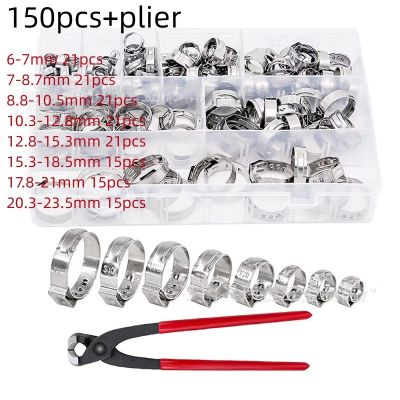 ☋ 150Pcs Hose Clamps Stainless Steel 6-23.5mm 1-Ear Stepless Clamp Worm Drive Fuel Water 1PC Hose Clip Clamp Pliers