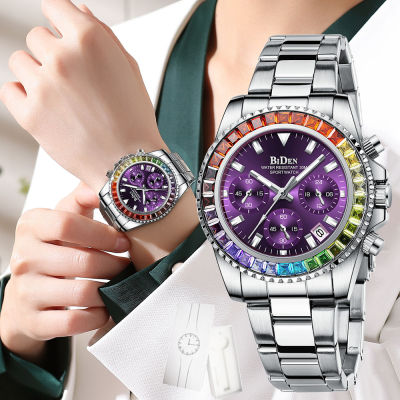 BIDEN Chronograph Women Watch 2022 Ins Luxury Multi-Functional Rainbow Circle Watch Fashion Stainless Steel Sports Ladies Watch