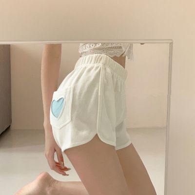 Spot goodscasual shorts versatile Korean style high waist track shorts female ripped love patch sports loose elastic waist hot pants
