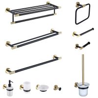 Matte Black Brushed Gold Bathroom Sets Toilet Brush Holder Paper Roll Holder Towel Rack Shelf Robe Hook Wall Mounted Soap Dish