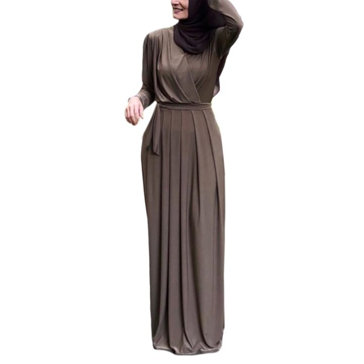 ผู้หญิงมุสลิมแขนยาว-abaya-maxi-ชุดสำหรับ-cross-ruched-v-คอ-belted-สูงเอวจีบ-robe-ramadan-ดูไบ-hijab-kaf