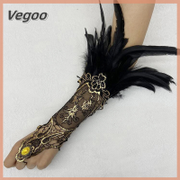 Vegoo ของขวัญคริสต์มาสขนนกสีทองลูกไม้ยาวตามธรรมชาติสร้อยข้อมือถุงมือยาวสำหรับผู้หญิงงานปาร์ตี้เซ็กซี่ถุงมือครึ่งนิ้วเครื่องประดับถุงมือตาข่ายแบบกอธิค