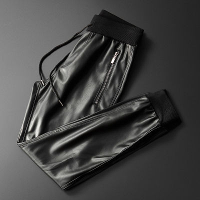 Thoshine ยี่ห้อผู้ชายกางเกงหนังคุณภาพที่เหนือกว่าเอวยางยืด Jogger กางเกงชายสลิมฟิต PU F AUX หนังกางเกง streetwear