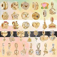 New Gold Color Series Cat Angel Lion Pavé Shiny Fashion Beads Fit Original Pandora Charm Silver Color Bracelet Women DIY Jewelry