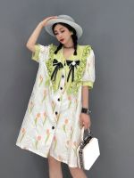 XITAO Dress Fashion Print Bow Single Breast Dress