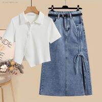 Summer suit for women 2023 new plus size womens design niche Polo short-sleeved denim skirt two-piece set