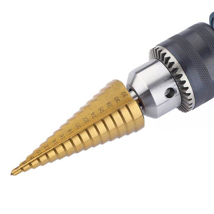 step-drill-bit-set-cone-hole-cutter-taper-metric-4-12-20-32mm-1-4-titanium-coated-metal-hex-core-drill-bits