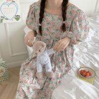 【 WYIN kitchen】 Rose Flower Print Women Puff Sleeve Nightgown Out Wear Casual Midi Dress Homewear Soft Cotton Nightdress Long Sleepdress S152