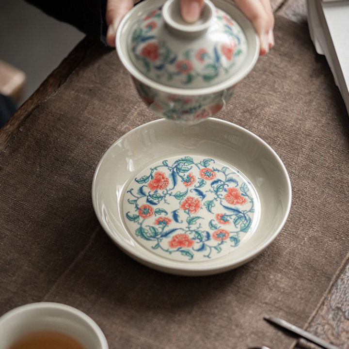 เก่าเครื่องปั้นดินเผาดิน-gaiwan-สไตล์จีนย้อนยุคสีฟ้าและสีขาวชาหม้ออบถ้วยชาเซรามิกสามระดับปกชามกังฟูชุดน้ำชา