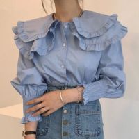 Korean Chic Double Ruffles Long Sleeve Blouses all er Pan Collor Shirts Femme Solid Puff Sleeve Tops Ropa Mujer 2022