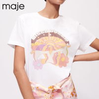 Maje Outlet MFPTS00585เสื้อยืดผ้าฝ้ายสีขาวพิมพ์ลายอเนกประสงค์แฟชั่นฝรั่งเศสของผู้หญิง